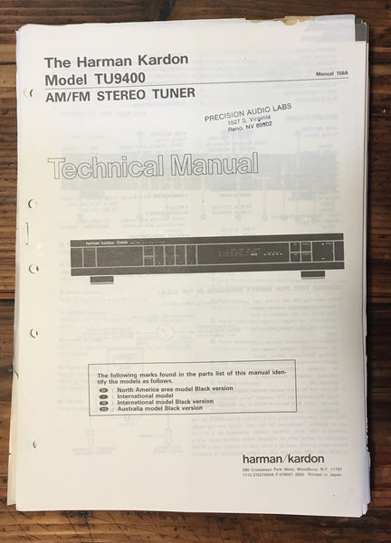 Harman Kardon HK TU9400 TU-9400 Tuner Service Manual *Original*