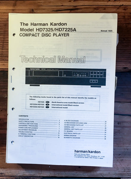 HK Harman Kardon HD7325 HD7225A CD Player Service Manual *Original*