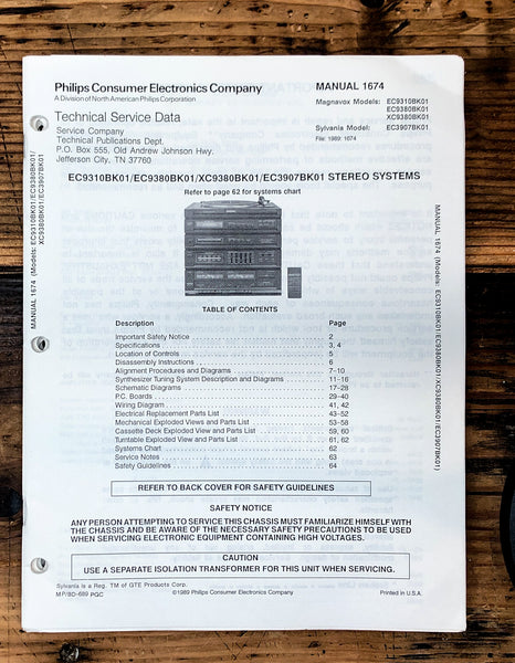 Magnavox / Sylvania EC9310 EC9380 XC9380 EC3907 Stereo  Service Manual Orig
