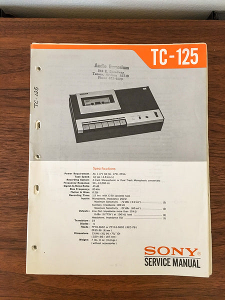 Sony TC-125 Tape Recorder Service Manual *Original*