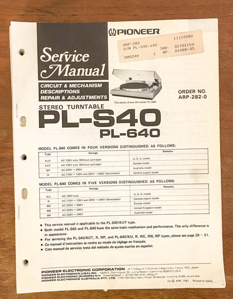 Pioneer PL-S40 PL-640 Turntable / Record Player  Service Manual *Original* #1