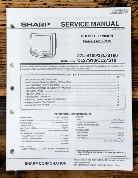 Sharp 27L- TV / Television Service Manual *Original*
