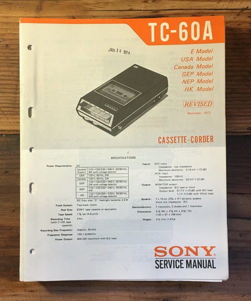 Sony TC-60A Tape Player Service Manual *Original*