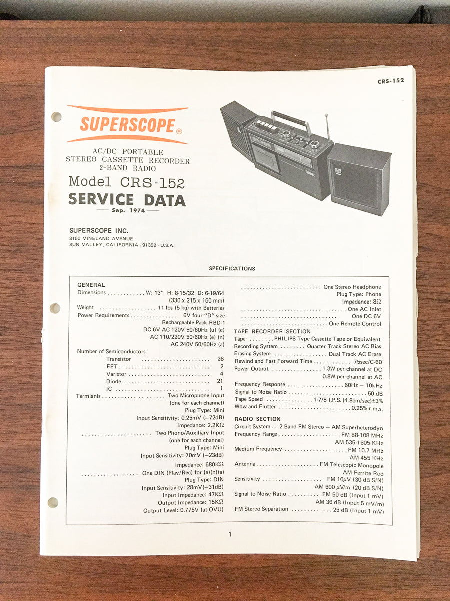 Superscope / Marantz CRS-152 Radio / Stereo Service Manual *Original*