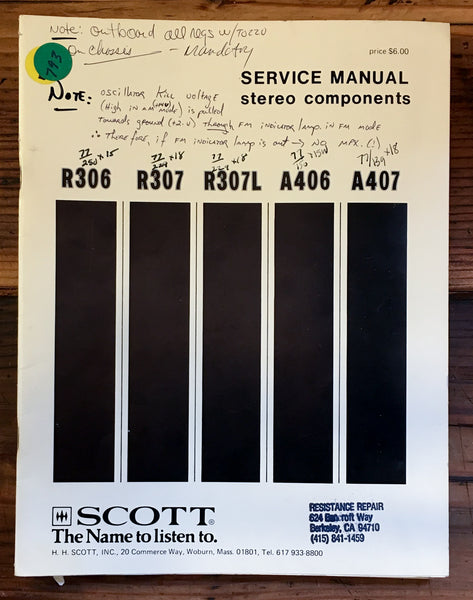 HH Scott R-306 R-307 A-406 A-407 Receiver Service Manual *Original*