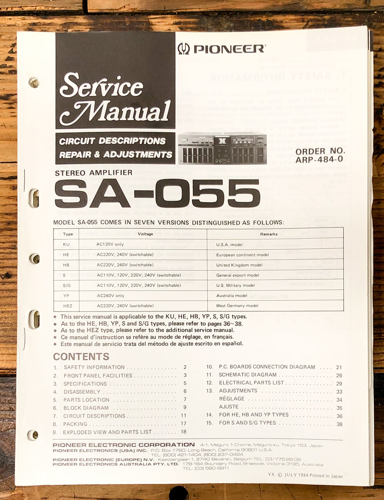 Pioneer SA-055 Amplifier Service Manual *Original*