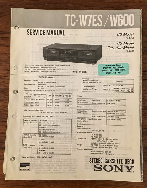 Sony TC-W7ES TC-W600 CASSETTE Service Manual *Original*