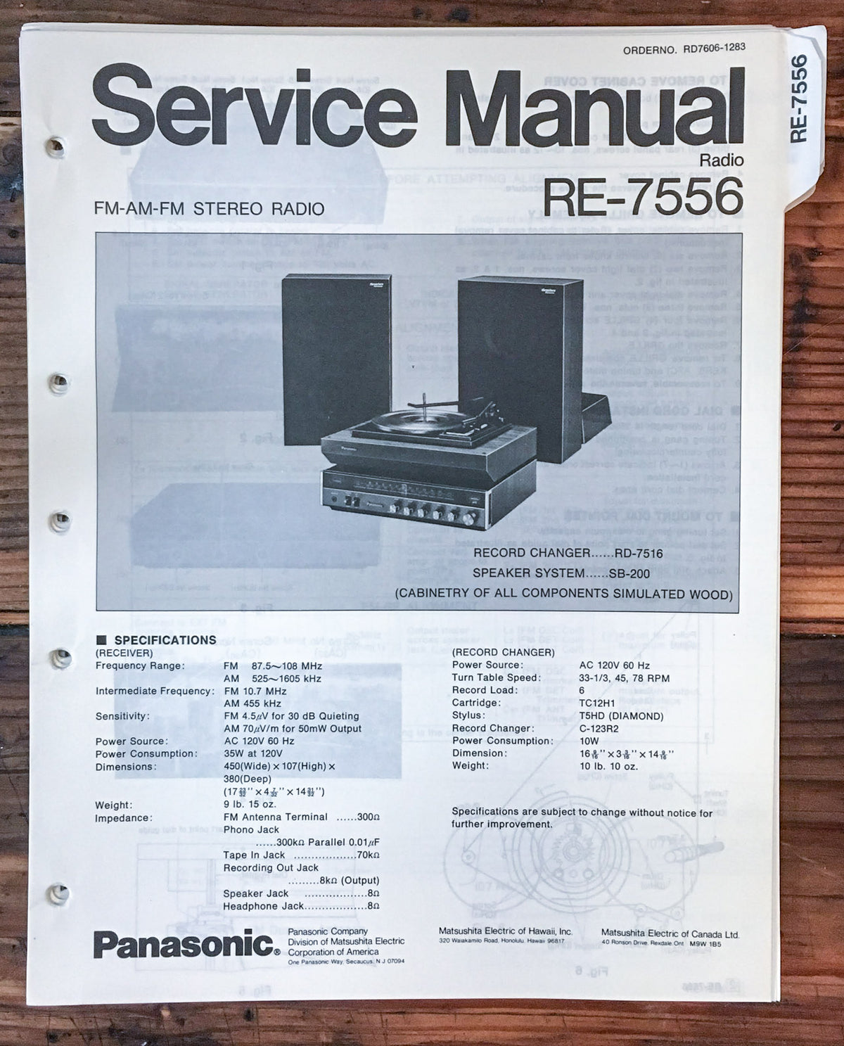 Panasonic RE-7556 Radio  Service Manual *Original*