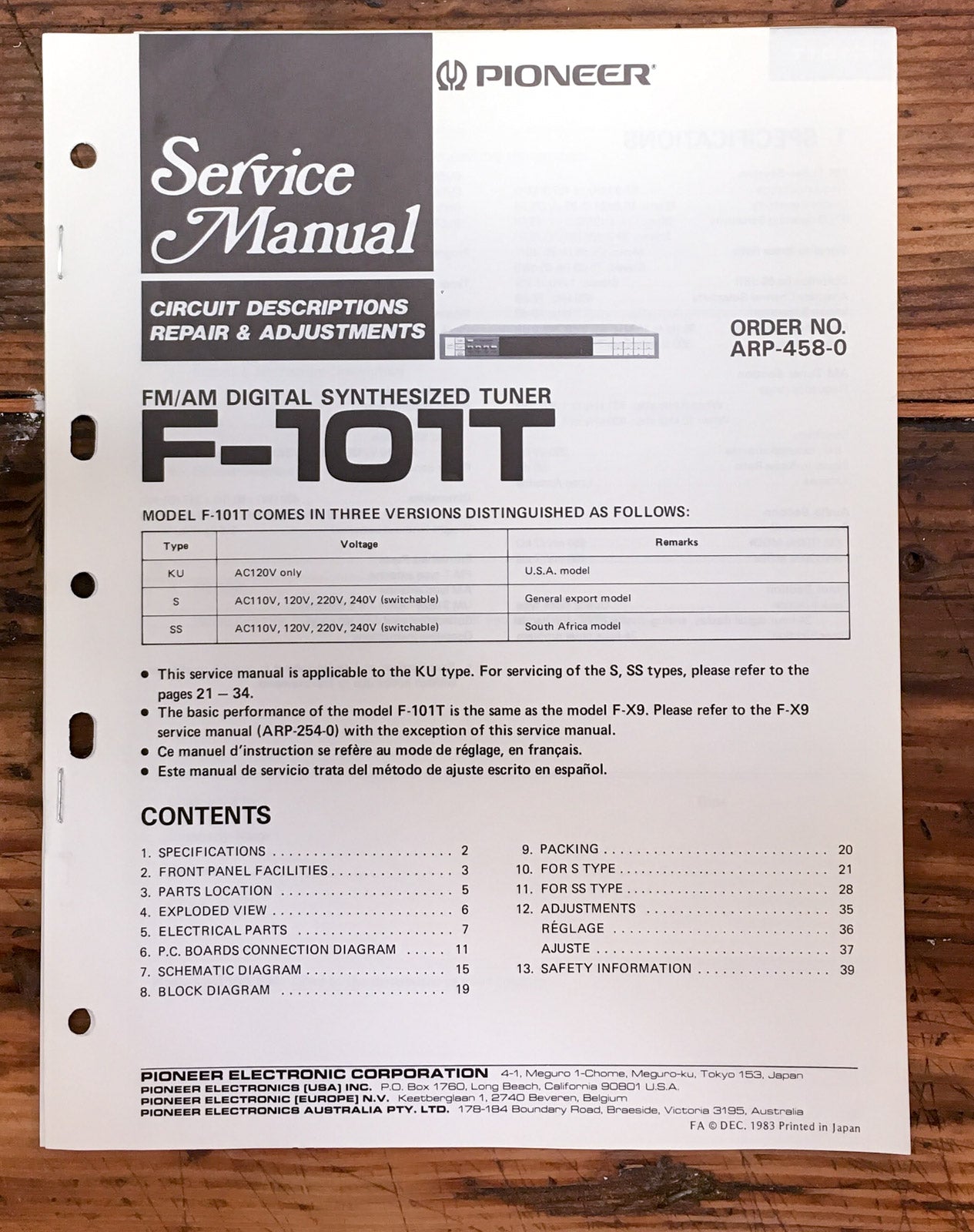 Pioneer F-101T Tuner  Service Manual *Original*