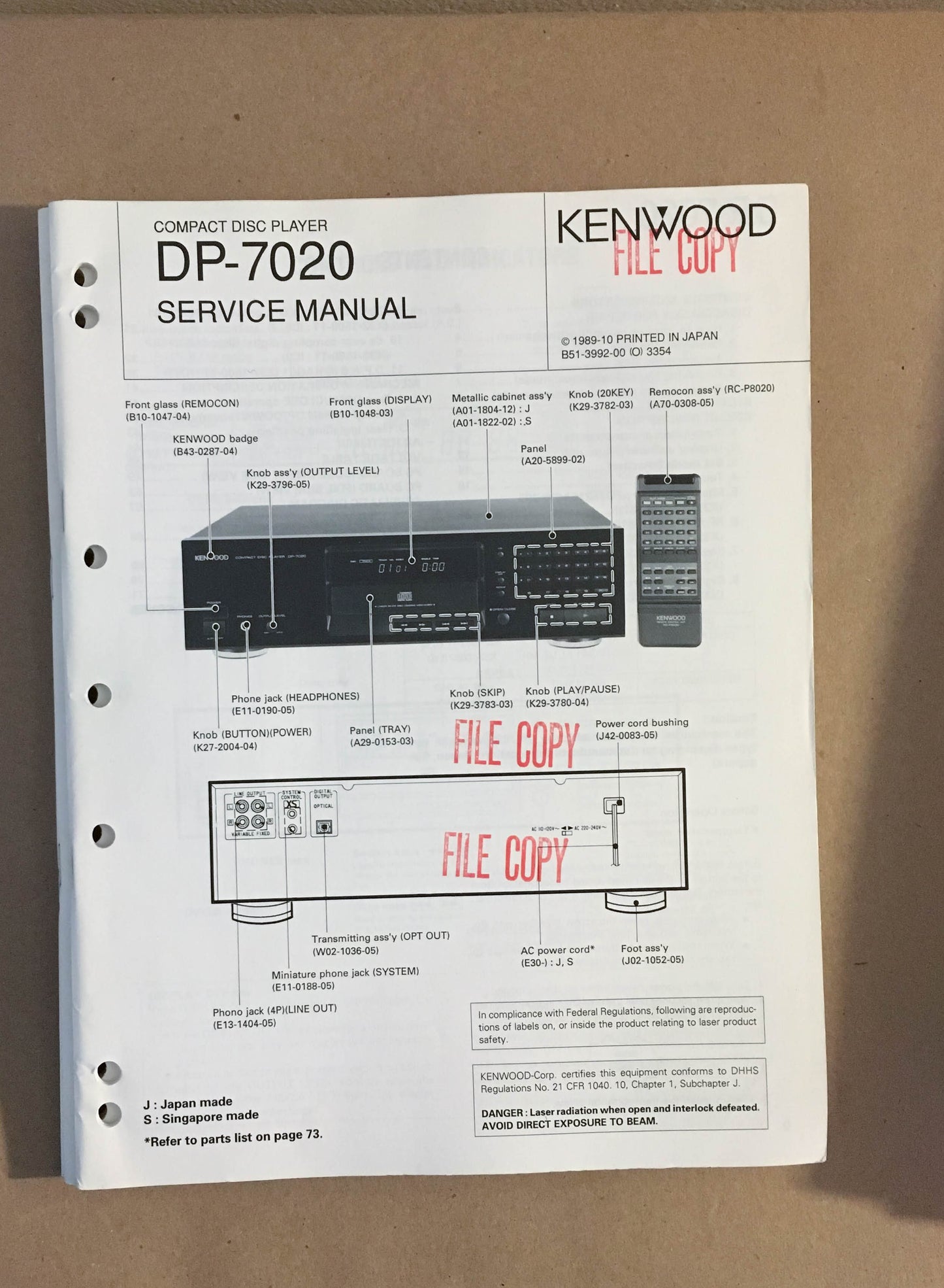 Kenwood DP-7020 CD Player  Service Manual *Original*