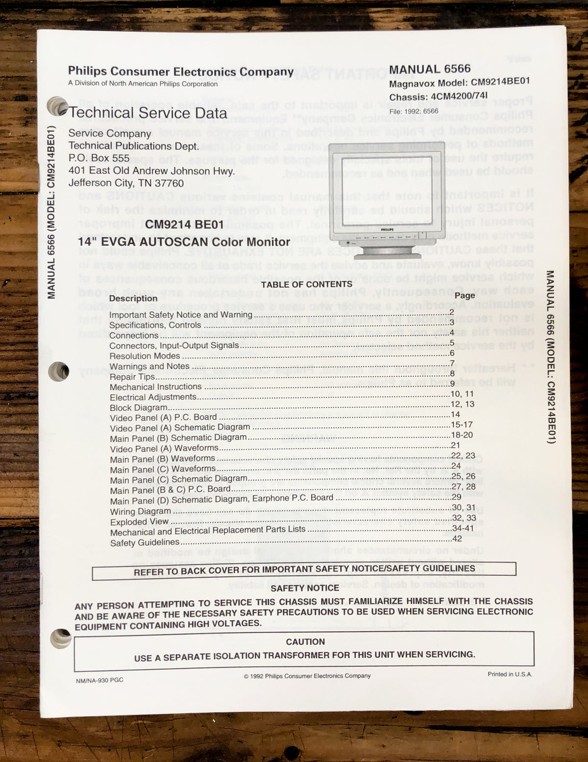 Magnavox CM9214BE01 4CM4200 74I Monitor  Service Manual *Original*
