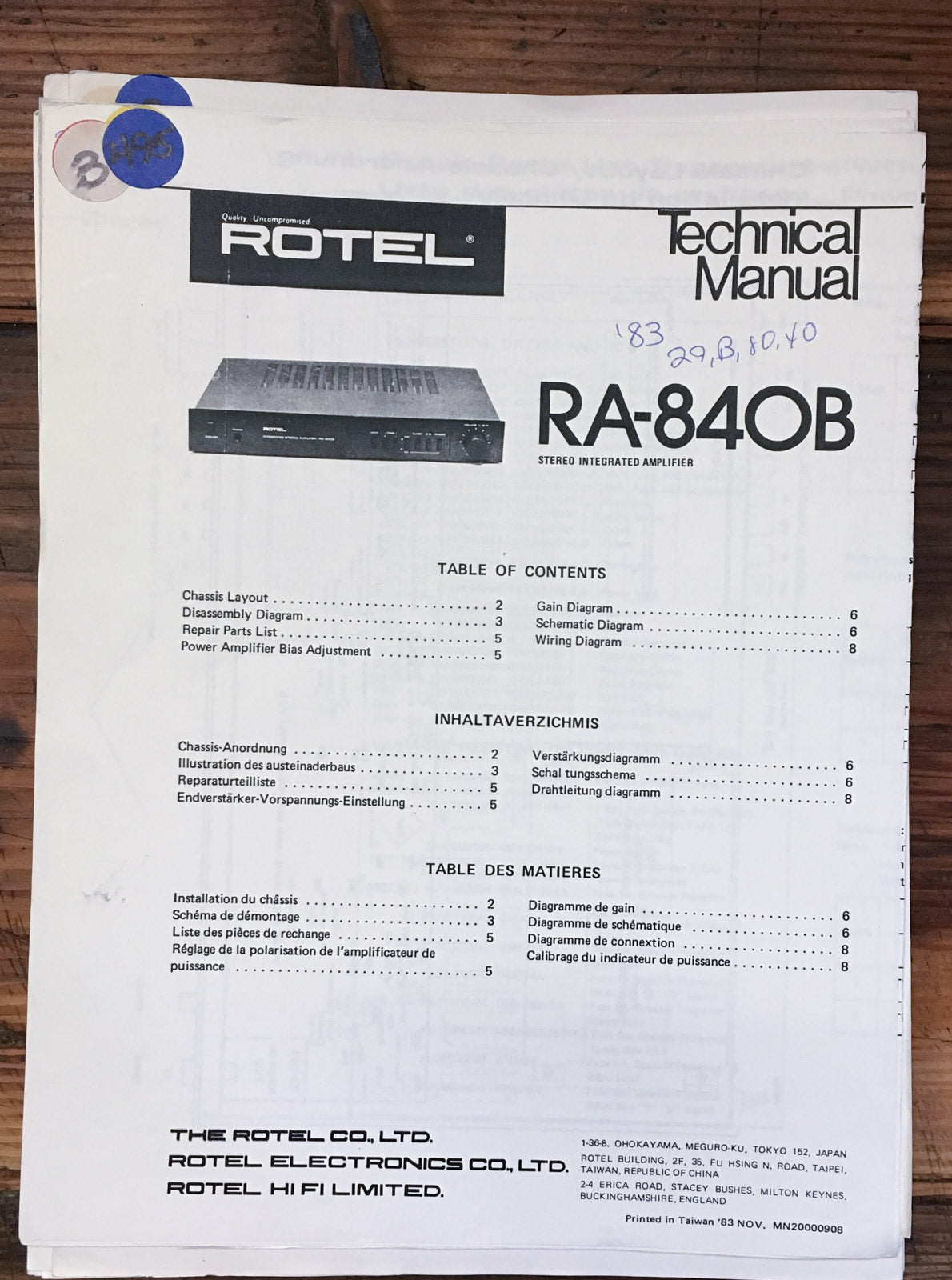 Rotel RA-840B Amplifier  Service Manual *Original*