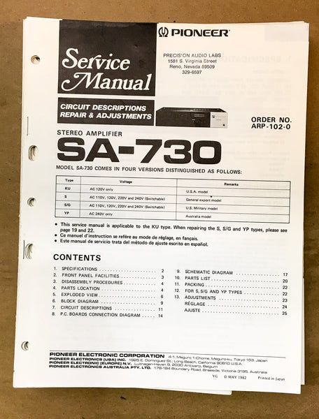 Pioneer SA-730 Amplifier Service Manual *Original*