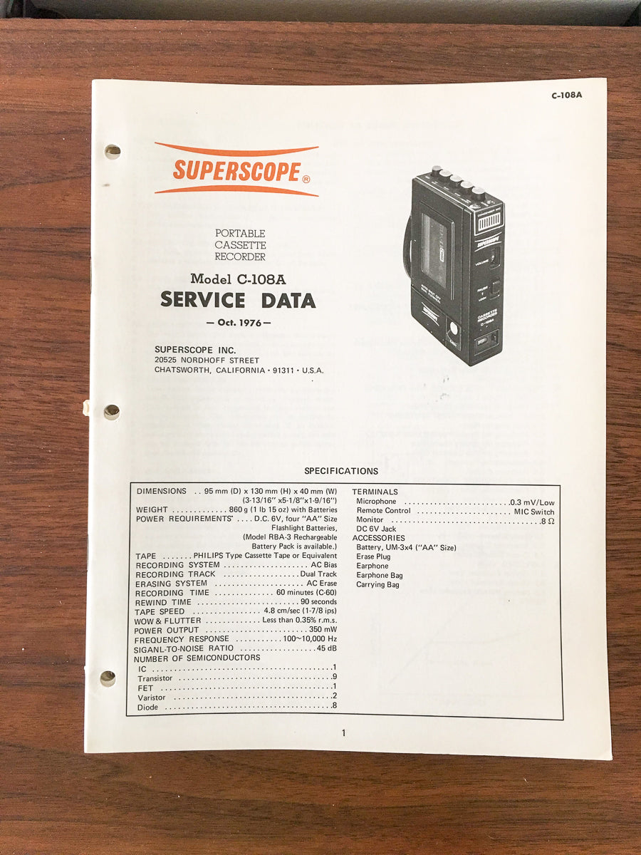 Superscope C-108A C-108 A Cassette Recorder Service Manual *Original*