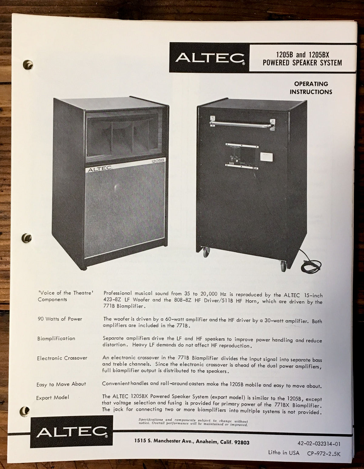 Altec Model 1205B 1205BX Speaker Owner / Operating Manual *Original*