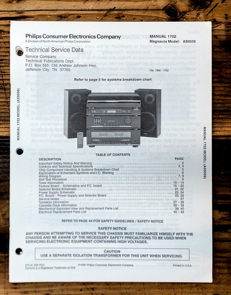 Magnavox AS9506 Stereo  Service Manual Orig