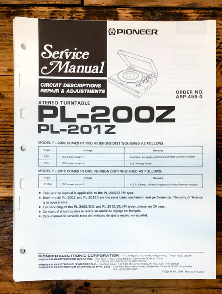 Pioneer PL-200Z PL-201Z Record Player / Turntable  Service Manual *Original*