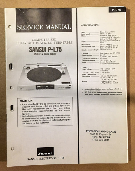 Sansui P-L75 Record Player / Turntable  Service Manual *Original*