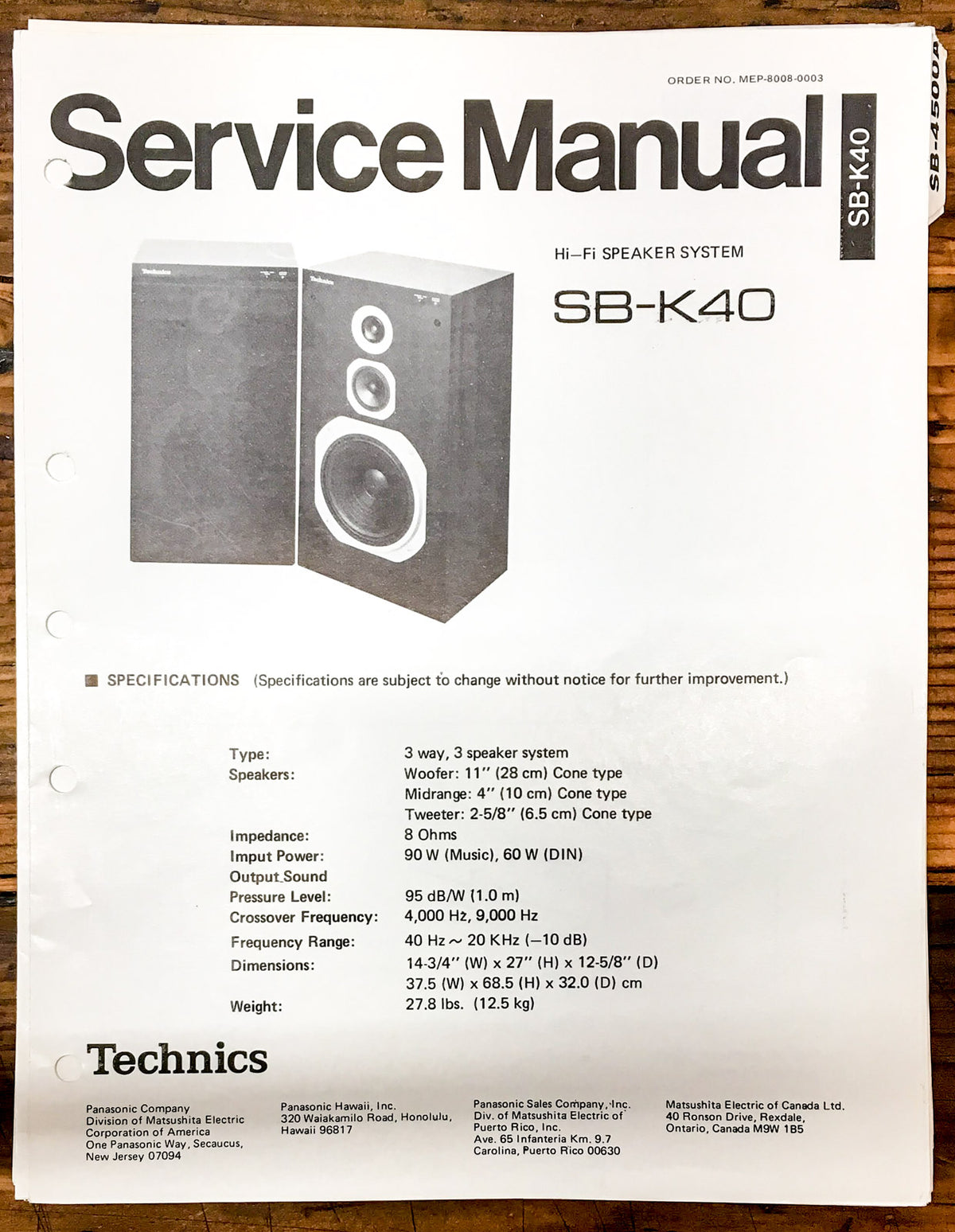 Technics SB-K40 Speaker  Service Manual *Original*
