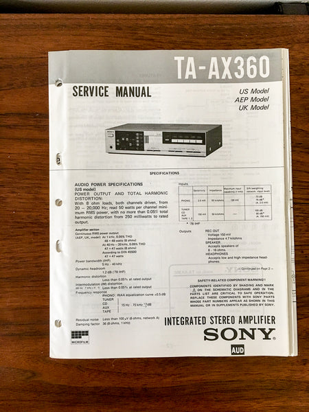 Sony TA-AX360 Amplifier Service Manual *Original*