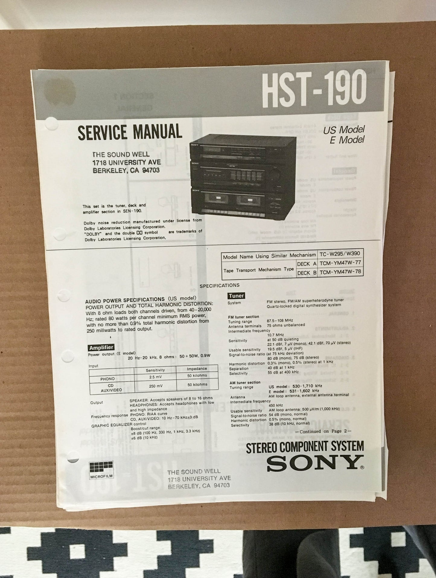 Sony HST-190 Stereo System Service Manual *Original*