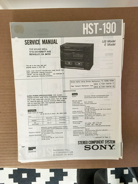 Sony HST-190 Stereo System Service Manual *Original*