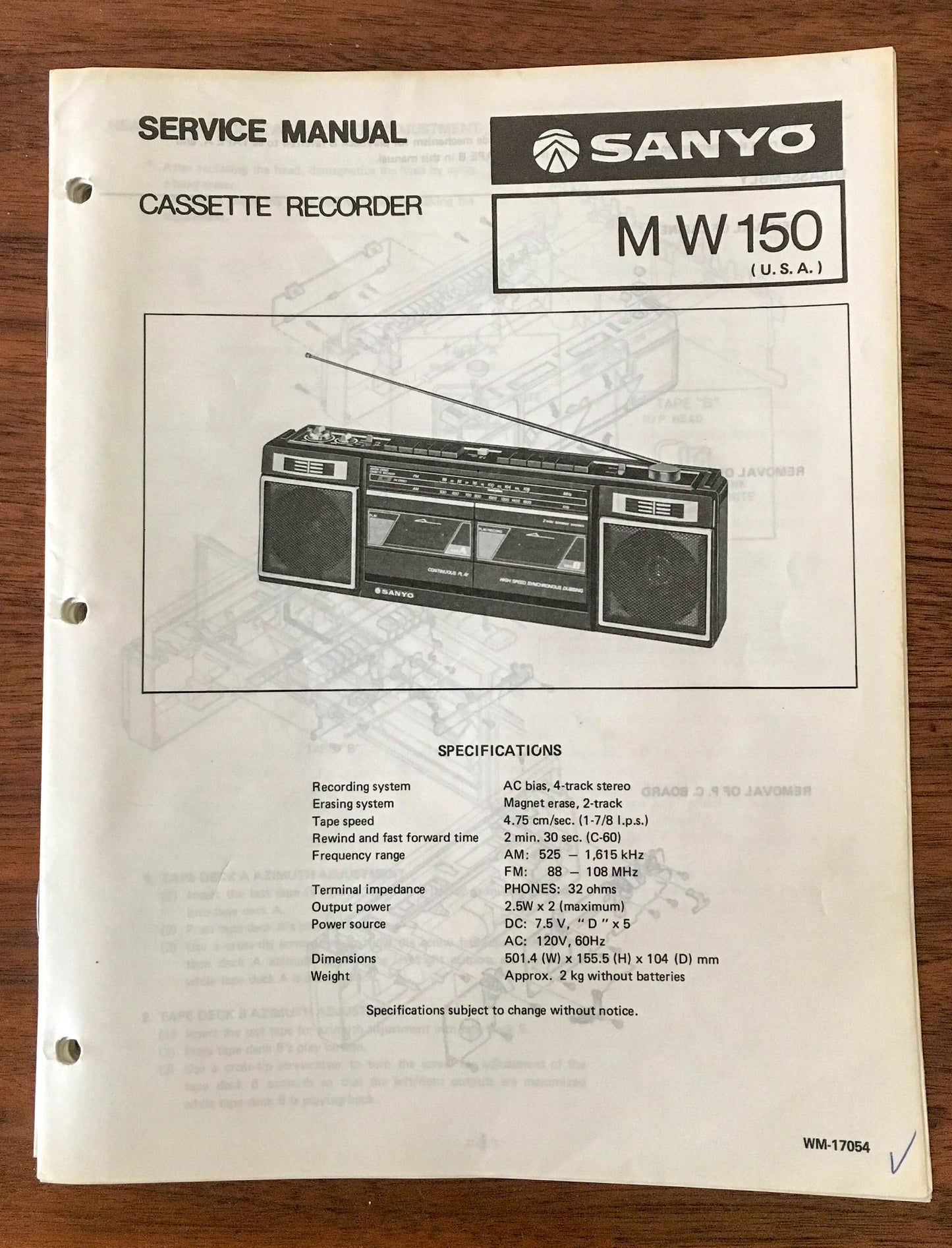 Sanyo M W150 Boombox / Radio Cassette Service Manual *Original*
