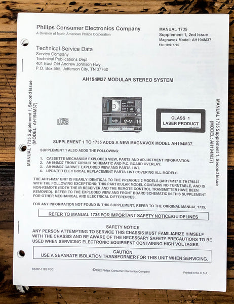 Magnavox Sylvania AH 194 M37 Stereo Service Manual *Original*