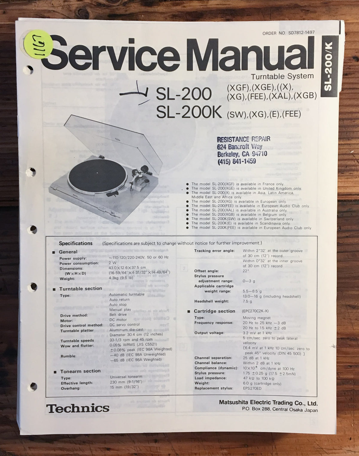 Technics SL-200 SL-200K Turntable / Record Player  Service Manual *Original*