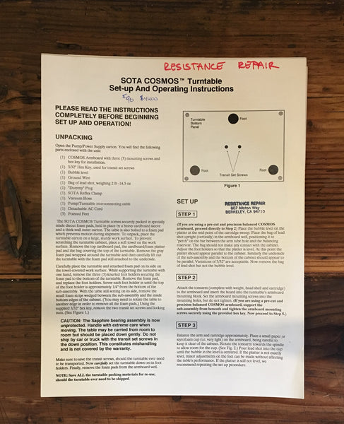 Sota Cosmos Turntable Setup & Owners Manual *Original*