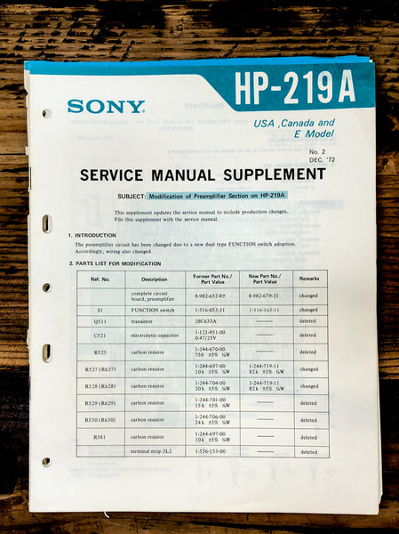 Sony HP-219A Stereo Supp. Service Manual *Original*