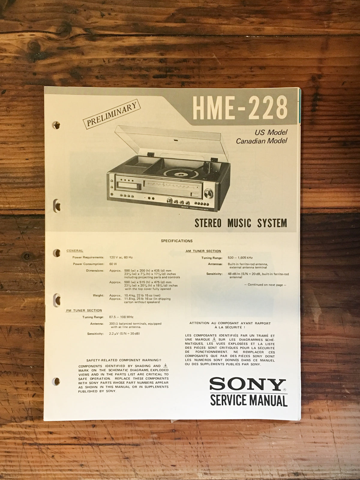 Sony HME-228 Stereo Prelim. Service Manual *Original*