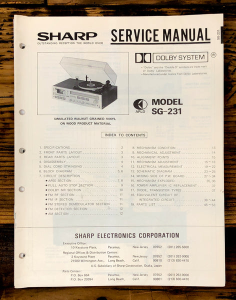 Sharp SG-231 Radio / Stereo System Service Manual *Original*