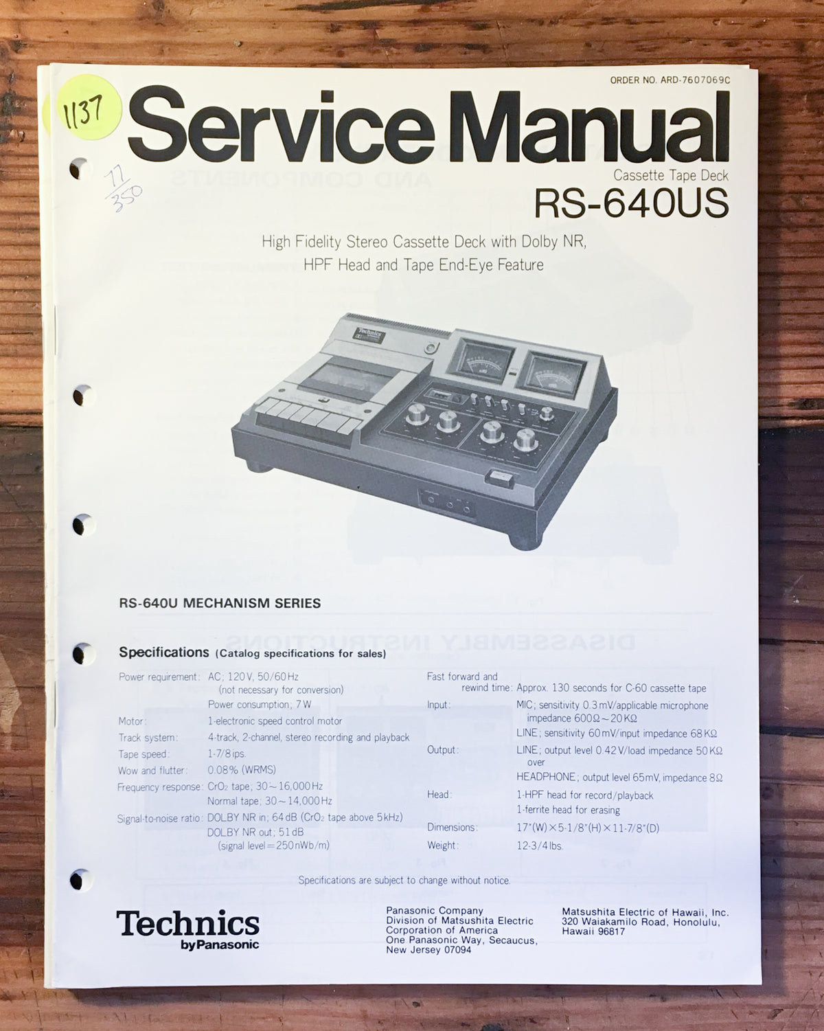 Technics RS-640US Cassette Service Manual *Original*