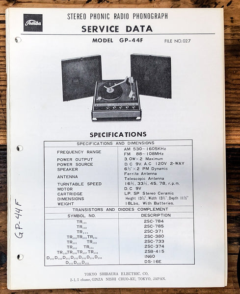 Toshiba GP-44F Radio Phono Service Manual *Original*