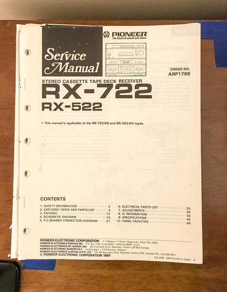 Pioneer RX-722 RX-522 Cassette Receiver Service Manual *Original* #1