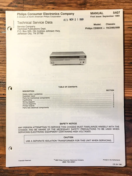 Philips CD60CD-60 CD Player  Service Manual *Original*