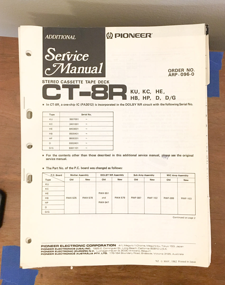 Pioneer CT-8R Cassette  Service Manual *Original* #2