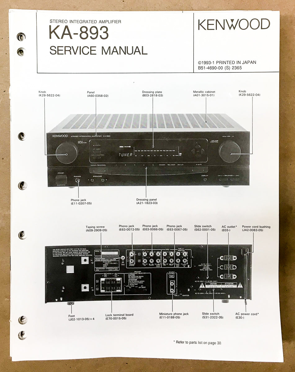 Kenwood KA-893 Integrated Amplifier Service Manual *Original*