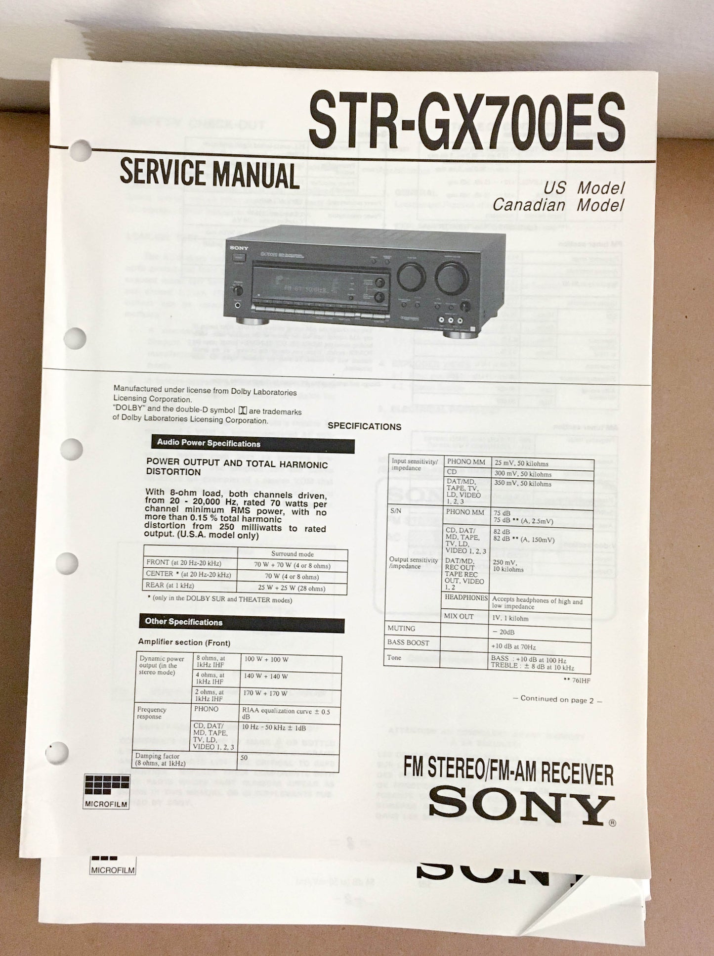 Sony STR-GX700ES Receiver  Service Manual *Original*