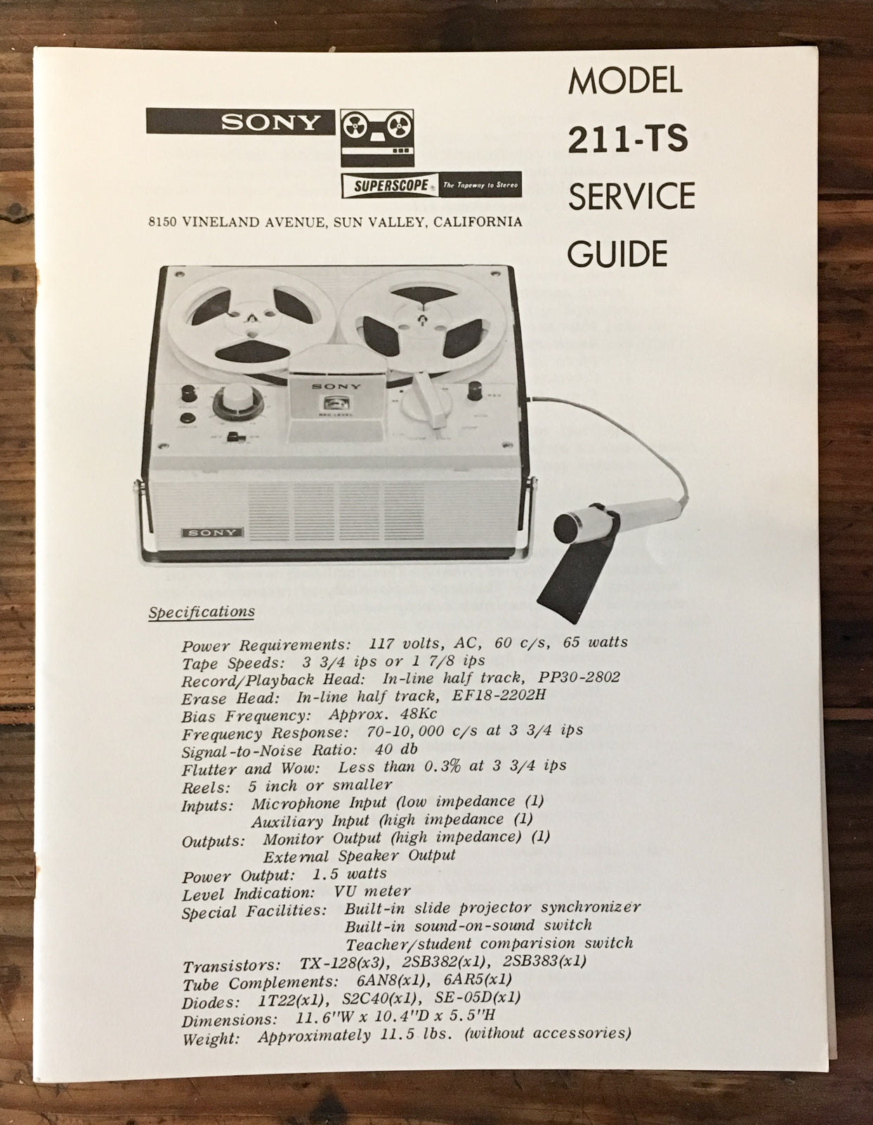 Sony Model 211-TS Tape Recorder Service Manual *Original*