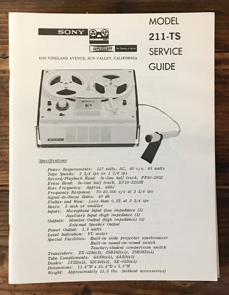 Sony Model 211-TS Tape Recorder Service Manual *Original*