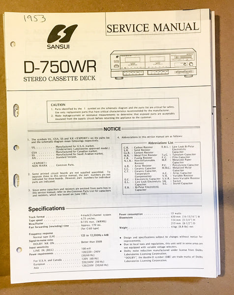Sansui D-750WR Cassette / Tape Player Service Manual *Original*