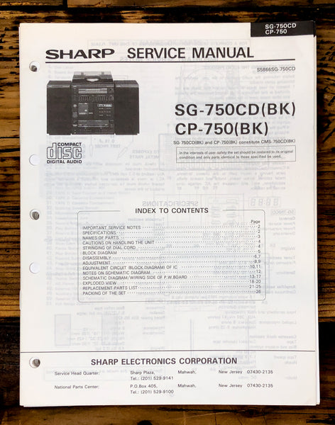 Sharp SG-750CD CP-750 Radio / Stereo System Service Manual *Original*