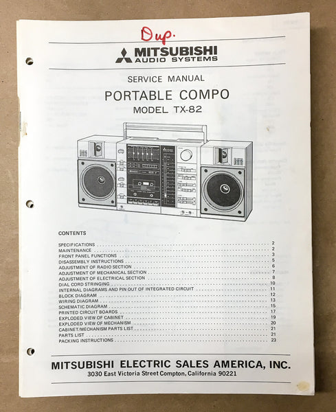 Mitsubishi TX-82 Portable Stereo Service Manual *Original* #1