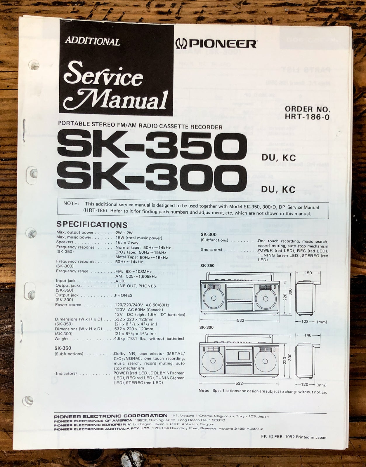 Pioneer SK-300 SK-350 Radio Add. Service Manual *Original*