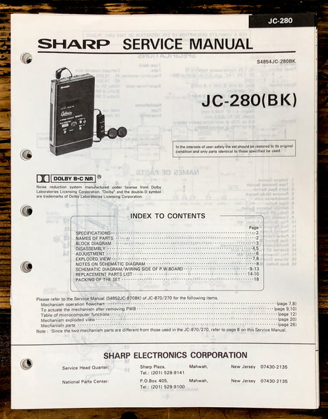 Sharp JC-280 Cassette Service Manual *Original*