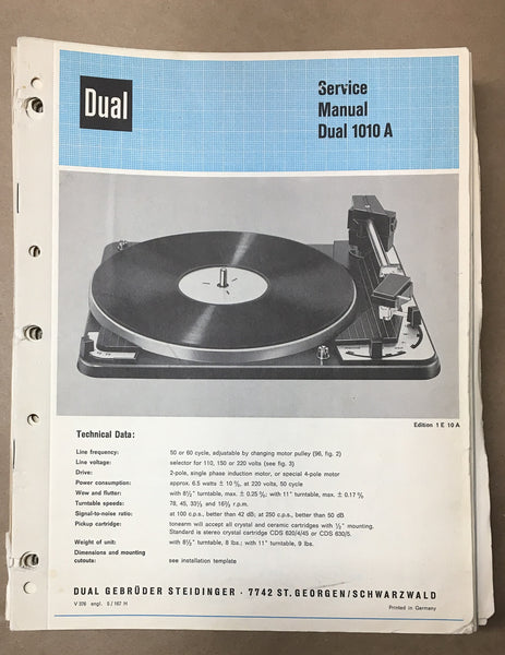 Dual Model 1010A Record Player / Turntable Service Manual *Original*