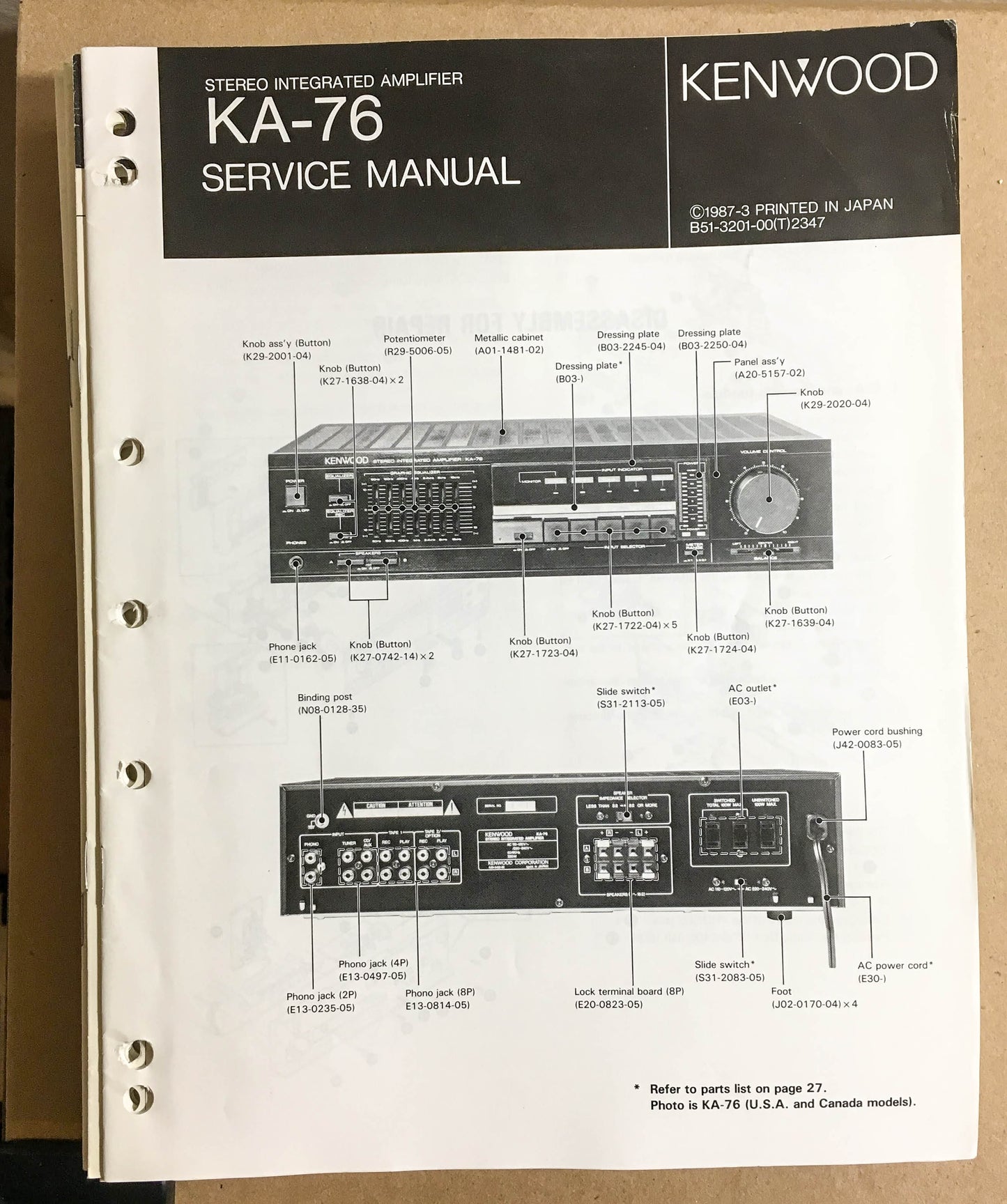 Kenwood KA-76 Amplifier  Service Manual *Original*