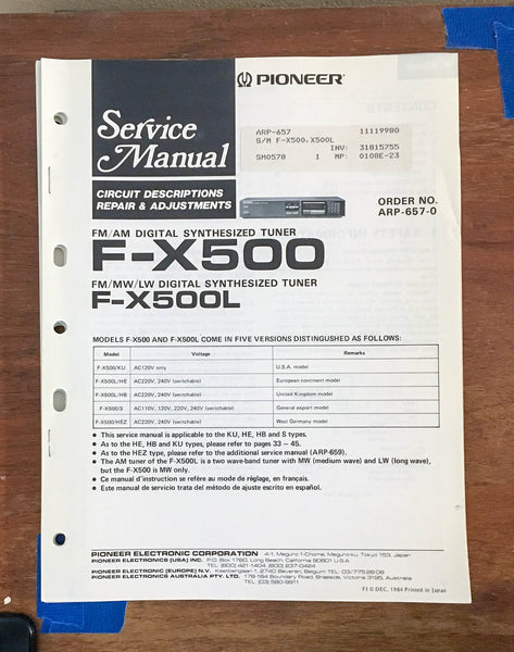 Pioneer F-X500 F-X500L Tuner Service Manual *Original*